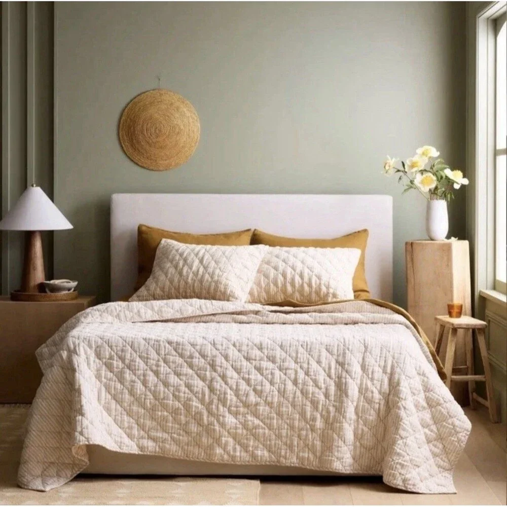 Quince European Linen Stripe Quilt Full/Queen White & Natural DISCONTINUED RARE